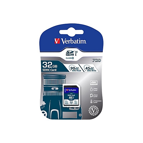 Verbatim SDHC-Karte, 32 GB, verpackt. Geschwindigkeit von 90 MB/s beim Lesen und 45 MB/s beim Schreiben.