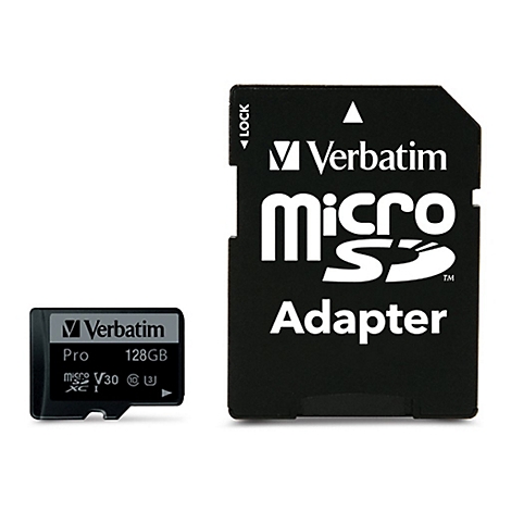 Eine schwarze Micro-SD-Karte und ein Adapter mit weißer Schrift. Auf der Karte steht "Verbatim", "micro SD Adapter" und "128GB".
