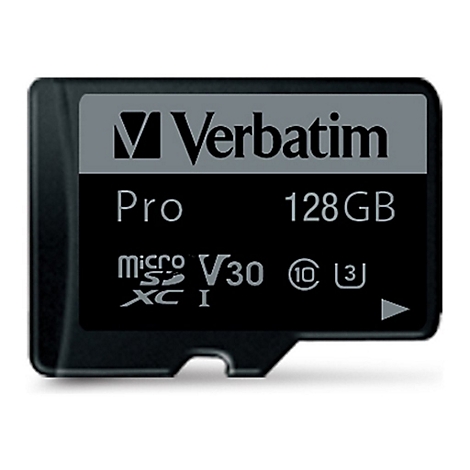 Schwarze microSD-Karte mit dem Logo "Verbatim". Aufschrift "Pro", "128 GB", "V30", "XC I".