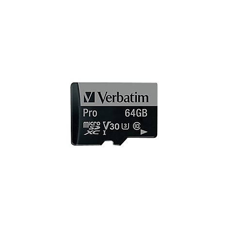 Schwarze MicroSD-Karte von Verbatim. Aufschrift: "Verbatim Pro 64GB micro SDXC I V30 U3 10".