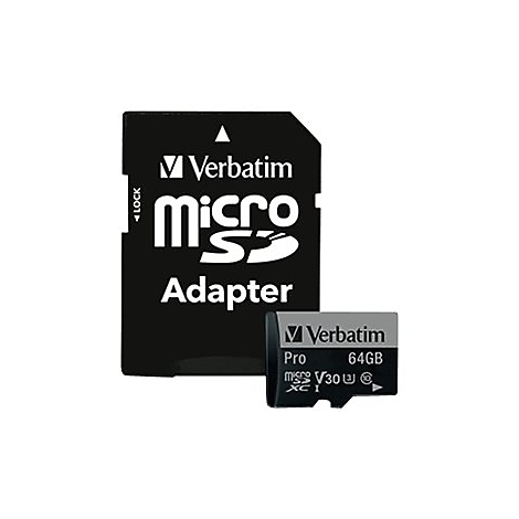 Ein schwarzer Verbatim-Adapter mit einer Micro-SD-Karte daneben. Auf dem Adapter steht: Micro SD Adapter. Die Micro-SD-Karte hat 64GB.