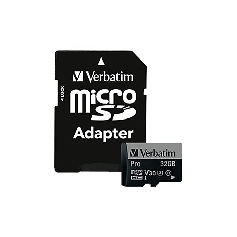 Schwarzer Verbatim Micro SD Adapter und eine Micro SD Karte, beschriftet mit '32GB'.