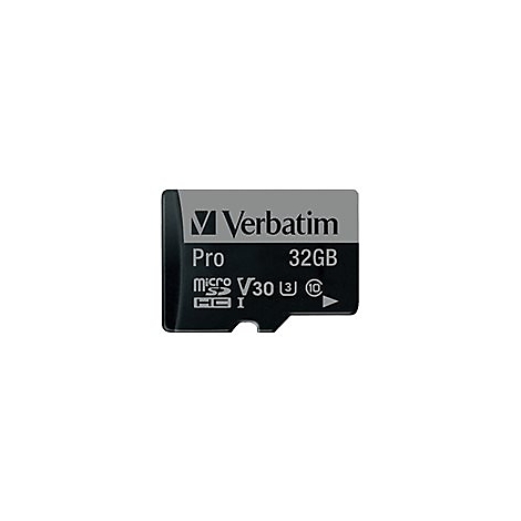 Eine schwarze Verbatim Pro microSD-Karte, 32 GB, mit weißem Text. Das SD-Kartenlogo ist unten links.