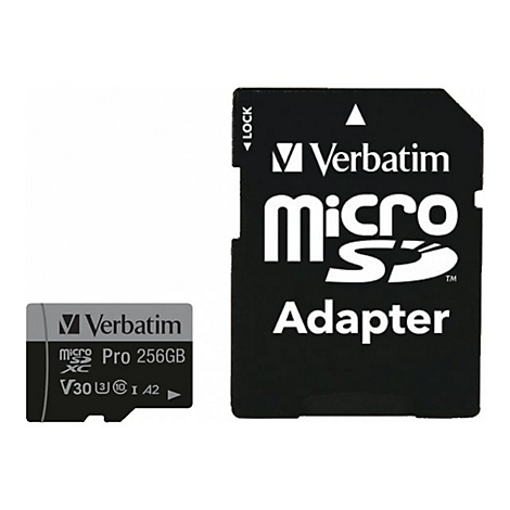 Eine Micro-SD-Karte und ein Adapter von Verbatim. Die Karte hat eine Kapazität von 256GB und ist schwarz.