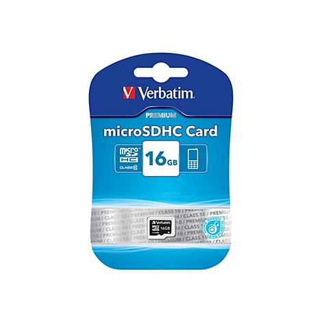 Verpackte Verbatim Premium microSDHC-Speicherkarte mit 16 GB Speicherkapazität.