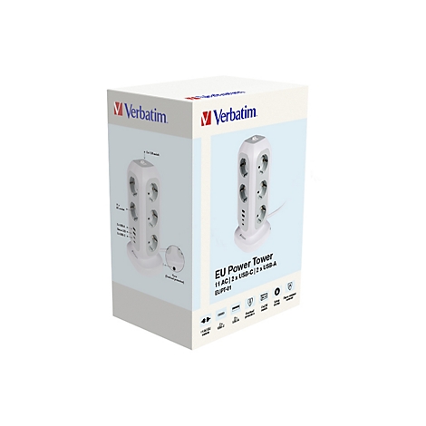 Verpackung des weißen Verbatim EU Power Tower mit Steckdosen und USB-Anschlüssen vor neutralem Hintergrund.