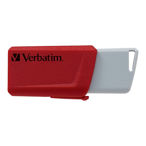 Clé USB rouge Verbatim avec curseur gris. Le logo est clairement visible sur la partie rouge.