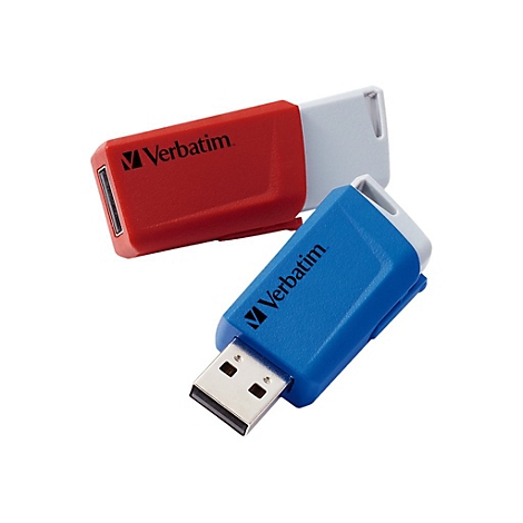 Deux clés USB ; rouge et bleu avec le haut blanc. Les deux affichent le nom de la marque Verbatim.
