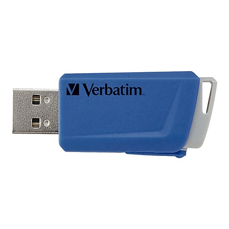 Clé USB bleue avec logo Verbatim. Le connecteur USB est argenté, le boîtier de protection est bleu et gris.