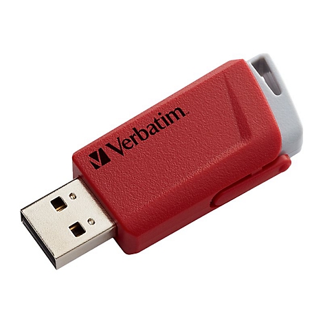 Clé USB rouge avec le logo Verbatim, avec protection blanche, sur fond blanc.