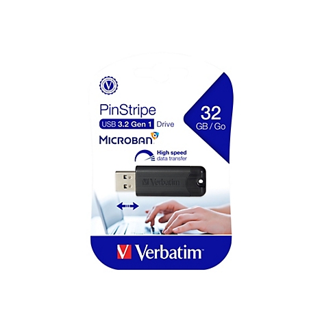 ClÃ© USB Verbatim PinStripe 32 Go branchÃ©e sur un ordinateur portable. Inscription: High speed data transfer.