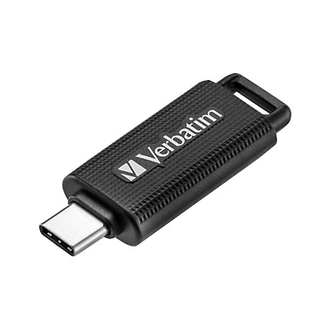 Schwarzer Verbatim USB-C-Stick mit strukturierter Oberfläche vor weißem Hintergrund.