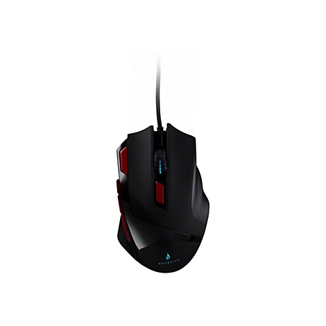 Souris de jeu noire avec des accents rouges. Des Ã©lÃ©ments d'Ã©clairage bleus et un cordon sont visibles.