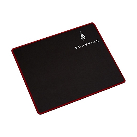Tapis de souris noir avec bord rouge, logo blanc et texte SUREFIRE.