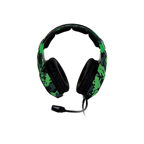 Casque de jeu camouflage vert avec coussinets d'oreille noirs et microphone.