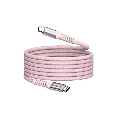Hellrosa USB-C-Kabel in Spiralen. Stecker silbern und rosa mit MOOT-Schriftzug. Gekräuseltes Textilkabel.