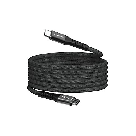Ein schwarzes USB-C-Kabel, das zu einer Rolle aufgewickelt ist, mit 'verbatim' und '100W' auf den Steckern.