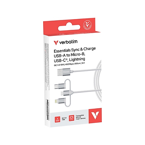 Verpackung eines weißen 3-in-1 Ladekabels von Verbatim mit USB-A auf USB-C, Micro-B und Lightning Anschlüssen.