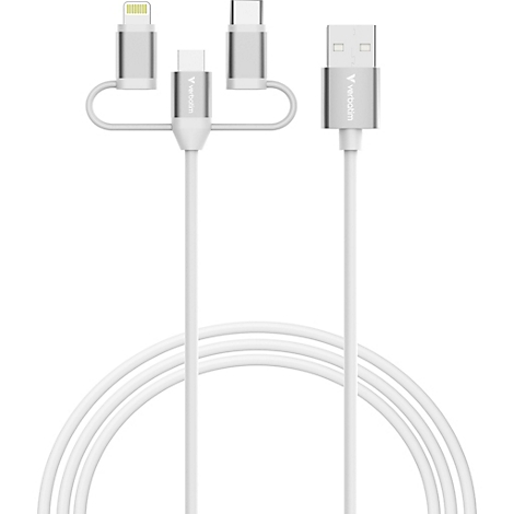 Weißes Ladekabel mit austauschbaren Steckern für Lightning, USB-C und Micro-USB vor weißem Hintergrund.