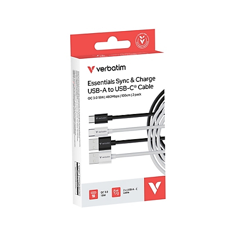 Verpackung von Verbatim Essentials Sync & Charge USB-A zu USB-C Kabeln, 2er-Set, 100 cm, weißer Hintergrund.