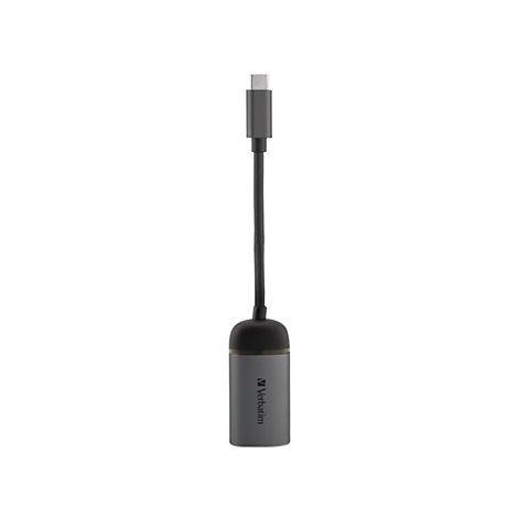 Grauer USB-C-Adapter von Verbatim mit kurzem Kabel vor weißem Hintergrund.