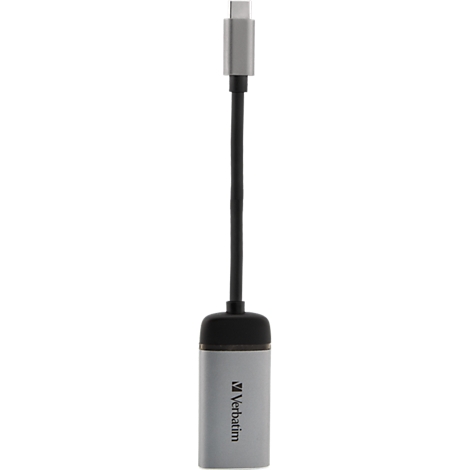 Verbatim USB-C-Adapter mit grauem Gehäuse und schwarzem Kabel vor weißem Hintergrund.