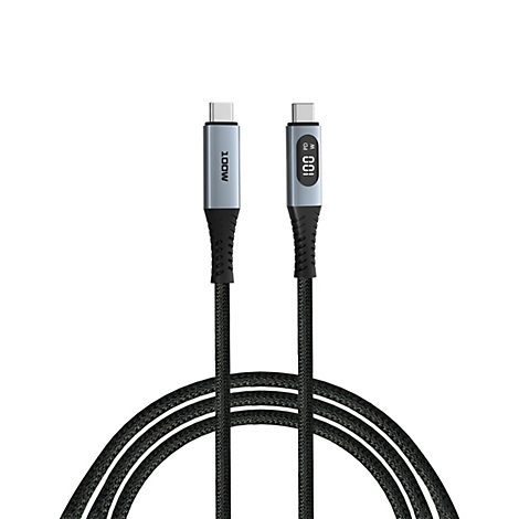 USB-C-Ladekabel mit Display, das 100W anzeigt, vor weißem Hintergrund.