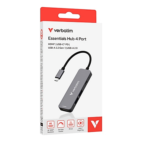 Verpackung eines grauen Verbatim USB-C Hubs mit 4 Anschlüssen auf weißem Hintergrund.