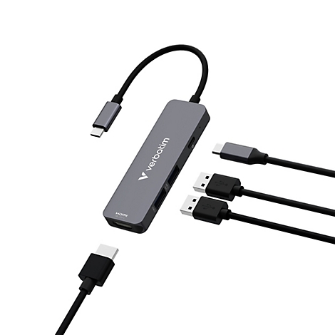 Grauer Verbatim USB-C Multiport-Adapter mit angeschlossenen Kabeln vor weißem Hintergrund.