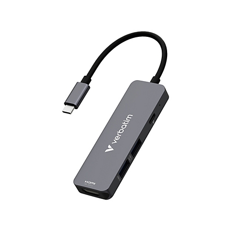 Grauer USB-C-Multiport-Adapter von Verbatim mit HDMI-Anschluss vor weißem Hintergrund.