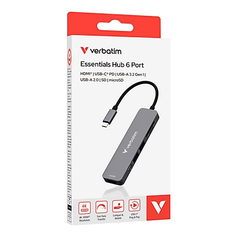 Verbatim Essentials Hub mit 6 Anschlüssen in der Produktverpackung, weißer Hintergrund.
