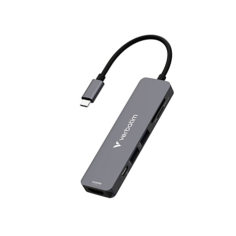 Grauer USB-C-Multiport-Adapter von Verbatim mit Kabel und verschiedenen Anschlüssen vor weißem Hintergrund.