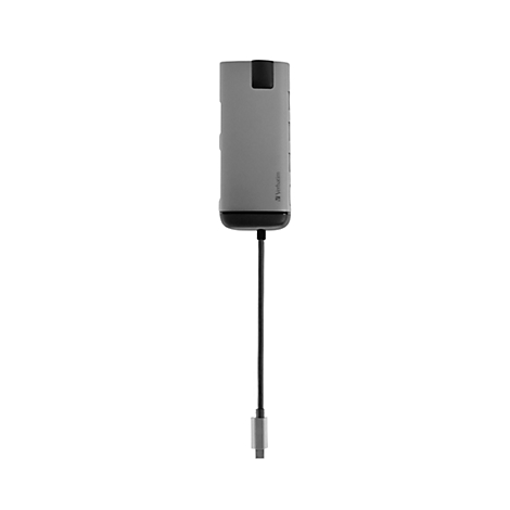 Grijze USB-C-adapter met zwarte kabel en connector. Het apparaat staat tegen een witte achtergrond.
