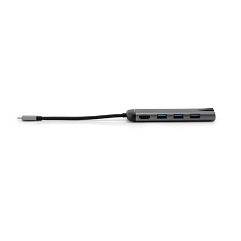 Grijze USB-C hub met meerdere poorten. Op een witte achtergrond.