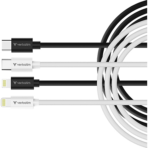 Vier Verbatim USB-C-auf-Lightning-Kabel in Schwarz und Weiß, aufgerollt angeordnet.