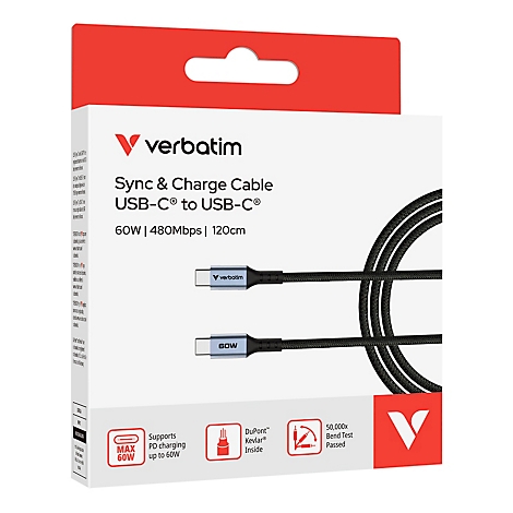 Verbatim USB-C auf USB-C Kabel Verpackung mit 60W Ladeleistung und schwarzem Textilgeflecht.