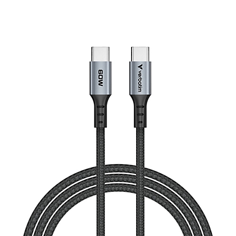 Verbatim USB-C Ladekabel mit 60W Kennzeichnung, Textilummantelung und zwei Steckern auf weißem Hintergrund.