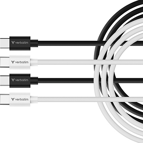 Vier USB-C-Kabel von Verbatim in Schwarz und Weiß liegen aufgewickelt nebeneinander.