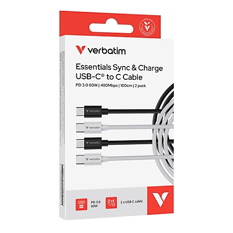 Verpackung von zwei schwarzen und zwei weißen Verbatim USB-C auf C Ladekabeln.