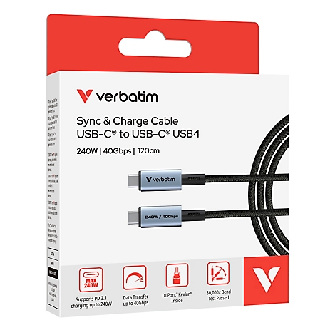 Verbatim USB-C auf USB-C USB4 Kabel 240W 40Gbps 120cm in der Produktverpackung.