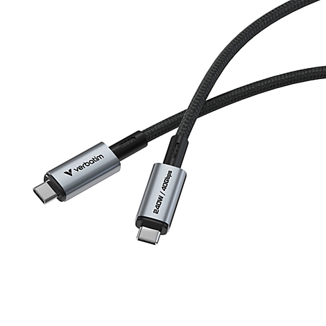 Schwarzes Verbatim USB-C-Kabel mit grauen Steckern, beschriftet mit 240W und 40Gbps.