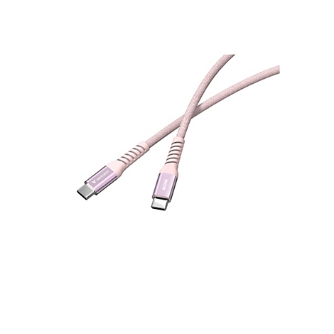 Rosa USB-C-auf-USB-C-Kabel mit Textilummantelung und 60W-Aufdruck auf einem Stecker.