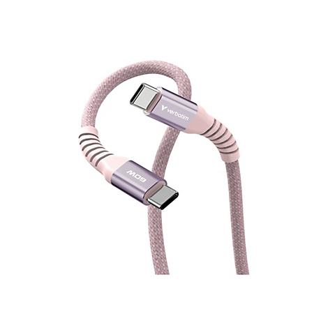 Ein rosa geflochtenes USB-C-Kabel mit Metallsteckern und 60W-Aufdruck vor weißem Hintergrund.