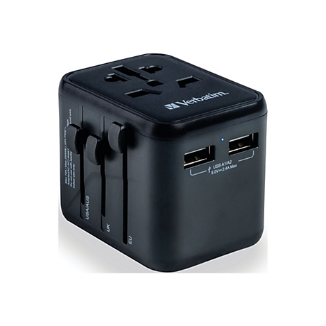 Schwarzer Verbatim Reiseadapter mit zwei USB-Anschlüssen und verschiedenen ausziehbaren Steckertypen.