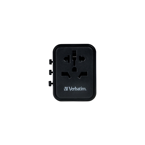 Schwarzer Universal-Reiseadapter von Verbatim auf weißem Hintergrund.