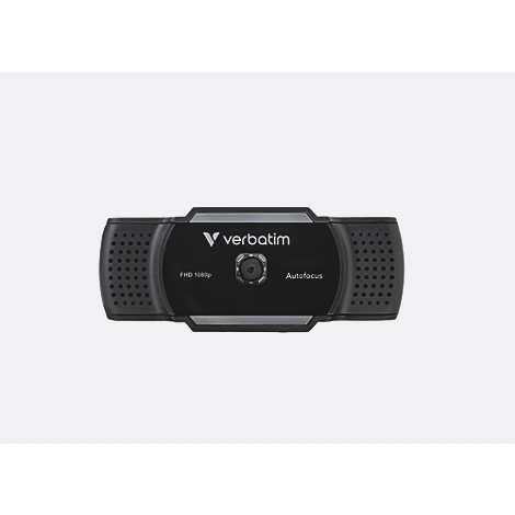 Schwarze Verbatim Full HD Webcam mit Autofokus vor neutralem Hintergrund.