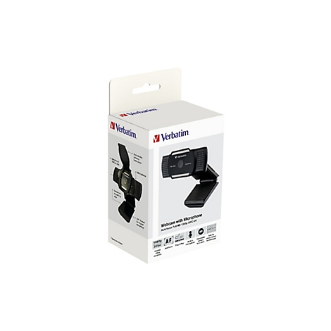 Produktverpackung einer schwarzen Verbatim Full HD Webcam mit Mikrofon auf weißem Hintergrund.