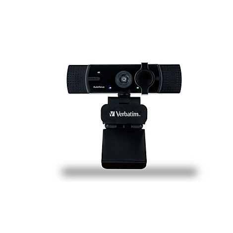 Schwarze Verbatim Webcam mit Autofokus und Privacy-Abdeckung auf einem Ständer.