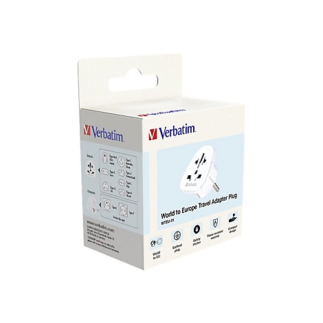 Verbatim Reiseadapter Verpackung World to Europe Stecker mit technischer Übersicht auf weißem Hintergrund.