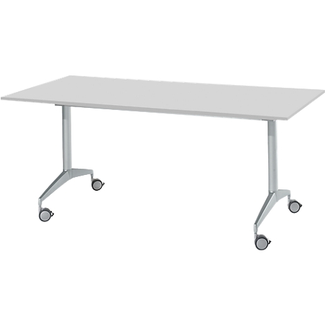 Een rechthoekige witte tafel op wielen bevestigd aan een metalen onderstel.